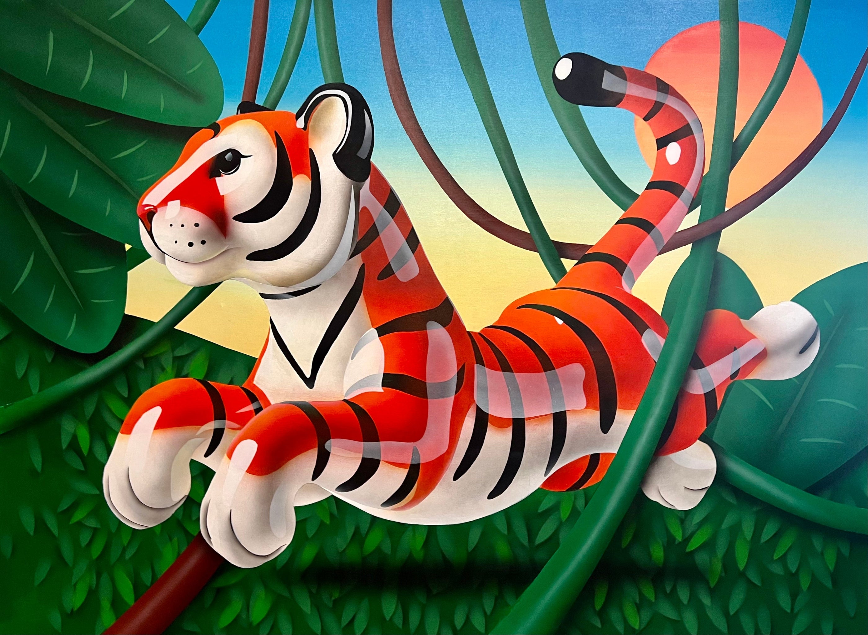 Cartoon tiger in a jungle setting with leaves and branches.