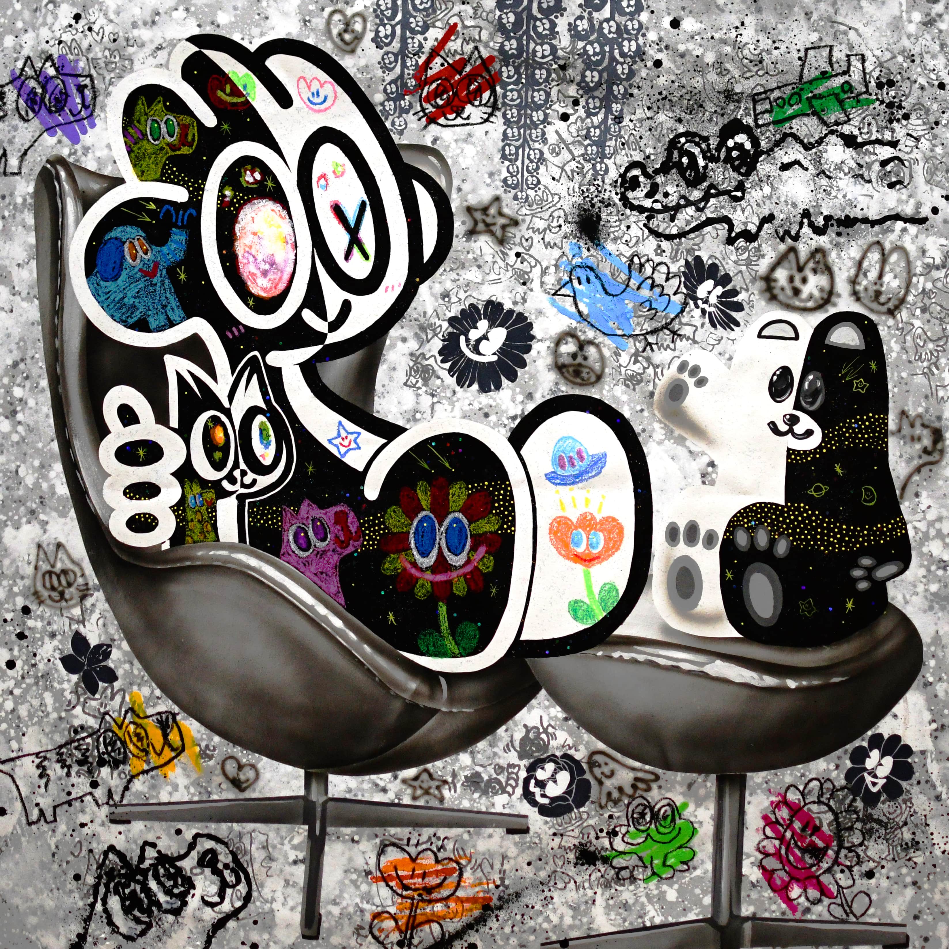 YUM and POM on Chair Mixed Media Painting by YUSUKE TODA